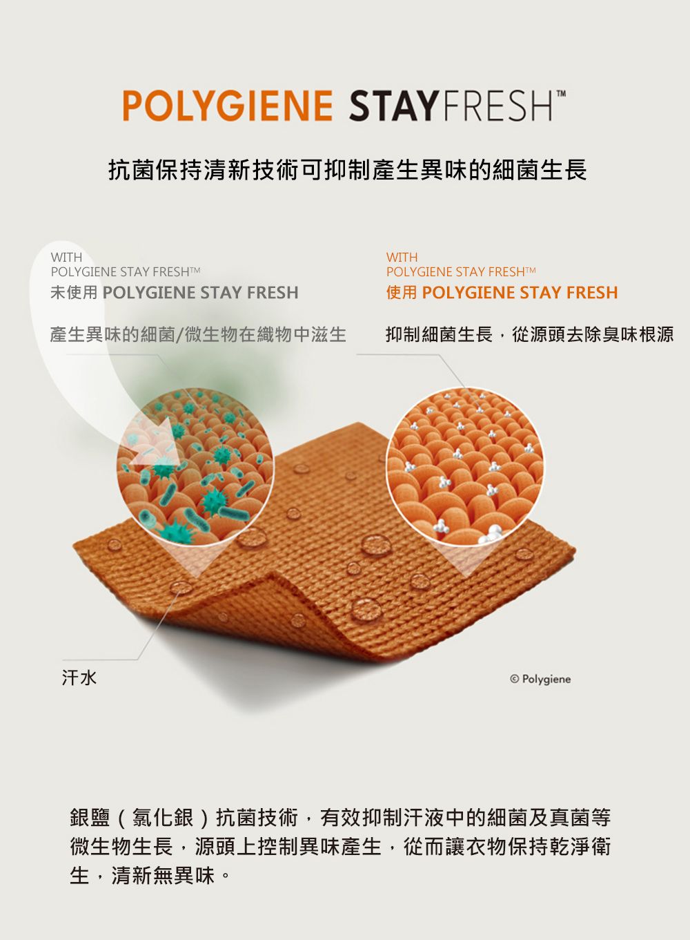 POLYGIENE STAYFRESH抗菌保持清新技術可抑制產生異味的細菌生長WITHPOLYGIENE STAY 未使用 POLYGIENE STAY FRESHWITHPOLYGIENE STAY FRESHTM使用 POLYGIENE STAY FRESH產生異味的細菌/微生物在織物中滋生抑制細菌生長,從源頭去除臭味根源汗水Polygiene銀鹽(氯化銀)抗菌技術,有效抑制汗液中的細菌及真菌等微生物生長,源頭上控制異味產生,從而讓衣物保持乾淨衛生,清新無異味。