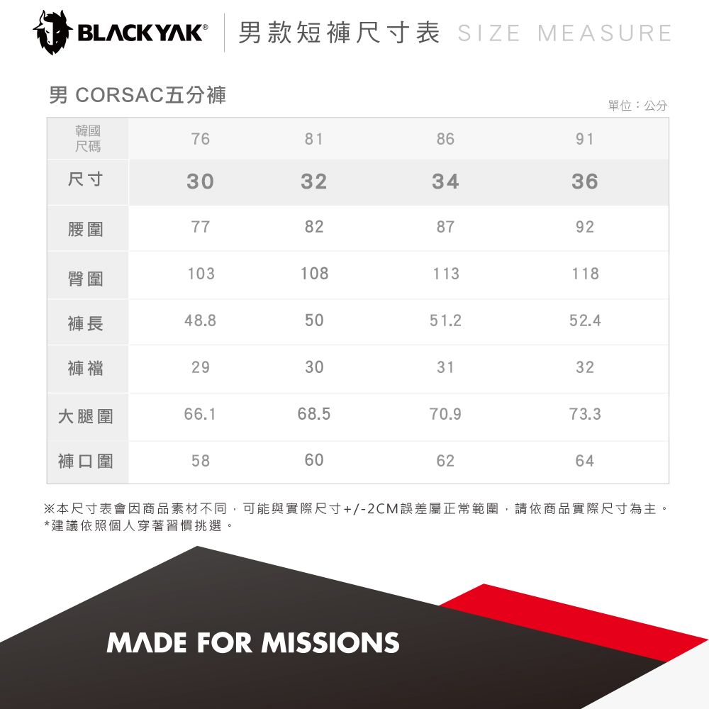 BLACK YAK 款短褲尺寸表 SIZE MEASURE男 CORSAC五分褲單位:公分韓國76818691尺碼尺寸30323436腰圍77828792臀圍103108113118褲長48.85051.252.4褲襠29303132大腿圍66.168.570.973.3褲口圍58606264※本尺寸表會因商品素材不同,可能與實際尺寸+/-2CM誤差屬正常範圍,請依商品實際尺寸為主。*建議依照個人穿著習慣挑選。 FOR MISSIONS