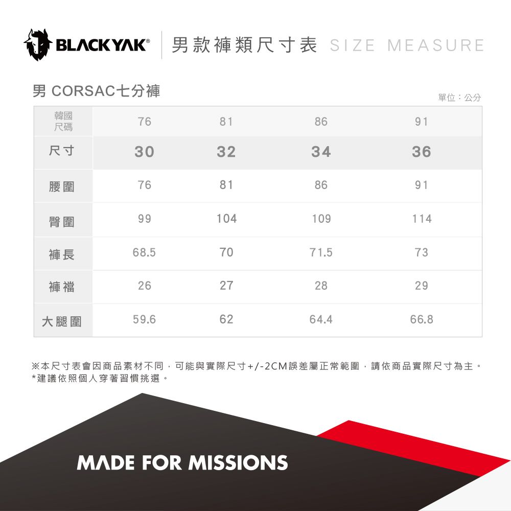 BLACK YAK ® 款褲類尺寸表 SIZE MEASURE男 CORSAC七分褲91單位:公分韓國768186尺碼尺寸30323436腰圍76818691臀圍99104109114褲長68.57071.573褲襠26272829大腿圍59.66264.466.8※本尺寸表會因商品素材不同,可能與實際尺寸+/-2CM誤差屬正常範圍,請依商品實際尺寸為主。*建議依照個人穿著習慣挑選。MADE FOR MISSIONS