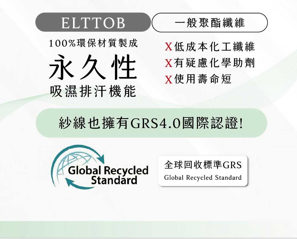 ELTTOB100%環保材質製成永久性吸濕排汗機能一般聚酯纖維X低成本化工纖維X有疑慮化學助劑X使用壽命短紗線也擁有GRS4.0國際認證!全球回收標準GRSGlobal RecycledStandardGlobal Recycled Standard