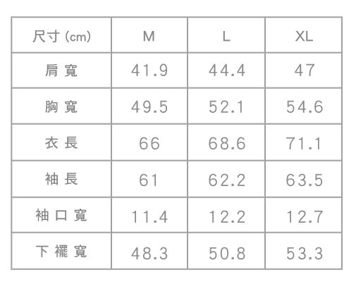 尺寸(cm)MLXL肩寬41.944.447胸寬49.552.154.6衣長6668.671.1袖長6162.263.5袖口寬11.412.212.7下襬寬48.350.853.3