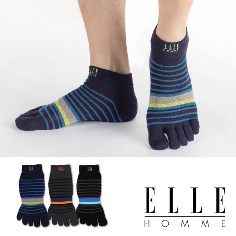 ELLE HOMME 撞色刺繡條紋五趾男襪