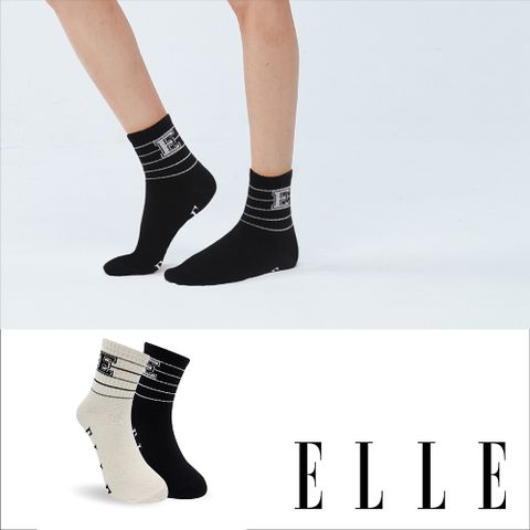 ELLE 素色條紋字母E休閒女短襪