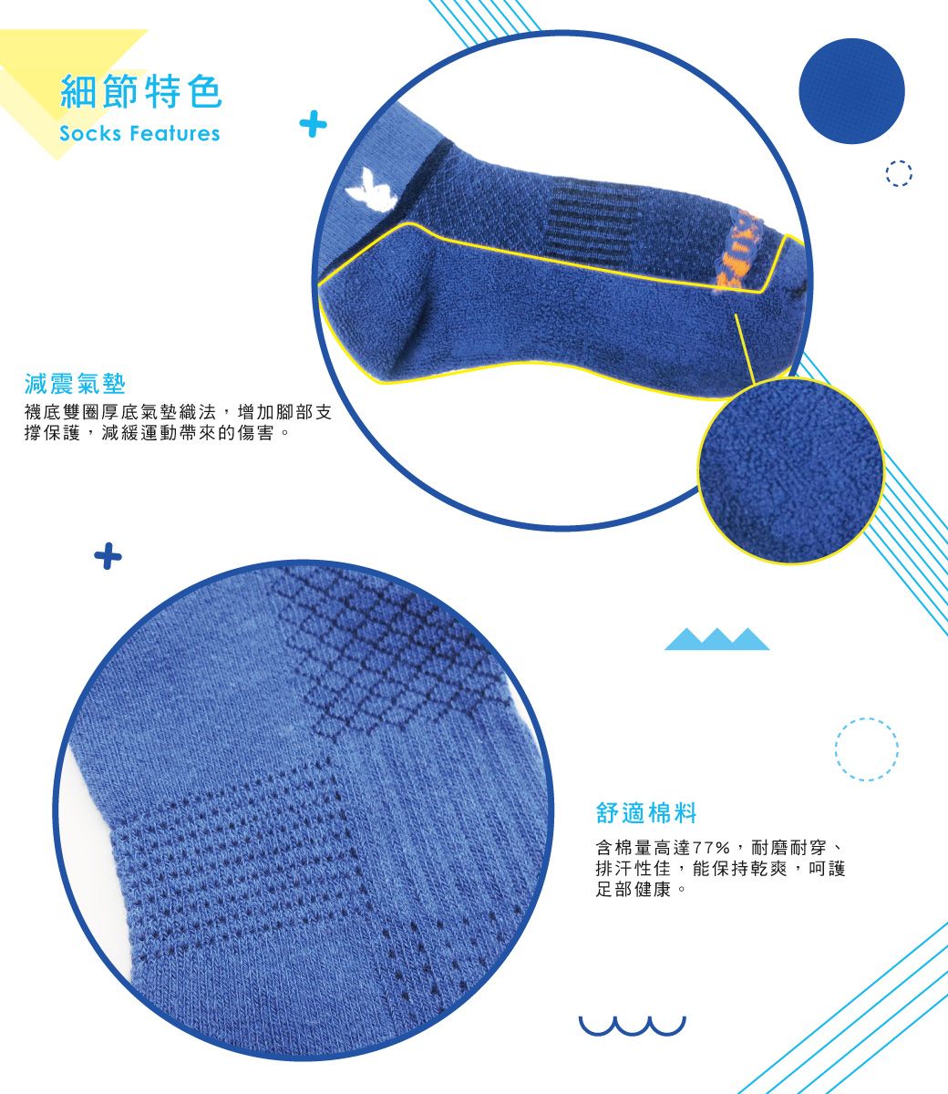 細節特色Socks Features減震氣墊襪底雙厚底氣墊織法,增加腳部支撐保護,減緩運動帶來的傷害。舒適棉料含棉量高達77%,耐磨耐穿、排汗性佳,能保持乾爽,呵護足部健康。