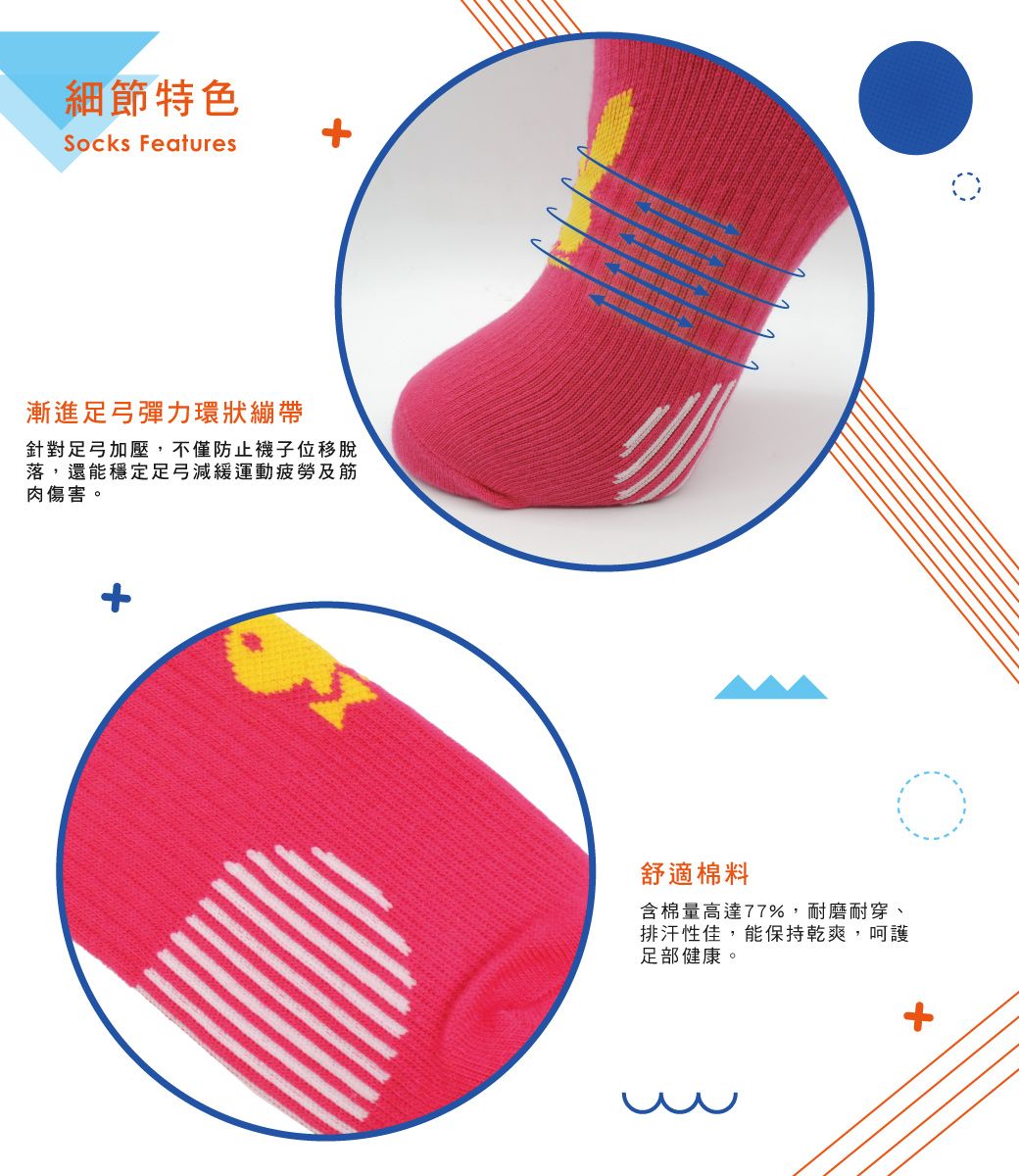 細節特色Socks Features漸進足弓彈力環狀繃帶針對足弓加壓,不僅防止襪子位移脫落,還能穩定足弓減緩運動疲勞及筋肉傷害。舒適棉料含棉量高達77%,耐磨耐穿、排汗性佳,能保持乾爽,呵護足部健康。