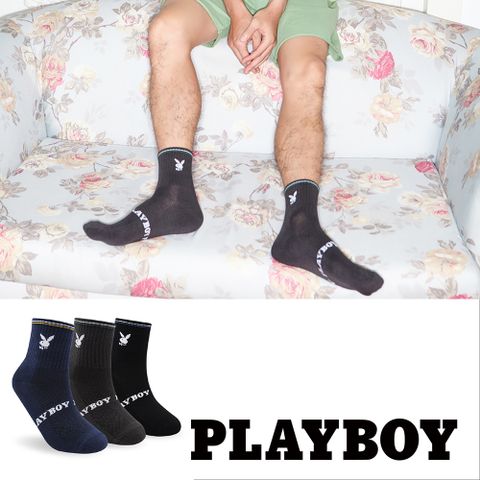 PLAYBOY 雙線 LOGO 橫紋男短襪