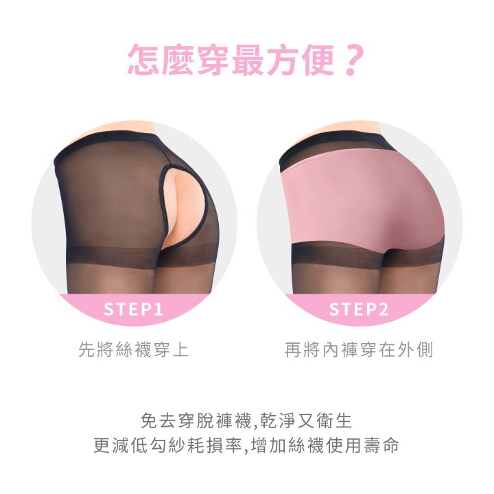 怎麼穿最方便?STEP1STEP2先將絲襪穿上再將內褲穿在外側免去穿脫褲襪,乾淨又衛生更減低勾紗耗損率,增加絲襪使用壽命