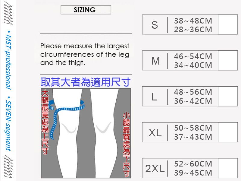 SIZINGPlease measure the largestS3848CM2836CMcircumferences of the legand the thigt.4654CMM34-40CM取其大者適用48-56CML3642CM MST-professional SEVEN-5058CMXL3743CM為尺寸5260CM2XL3945CM