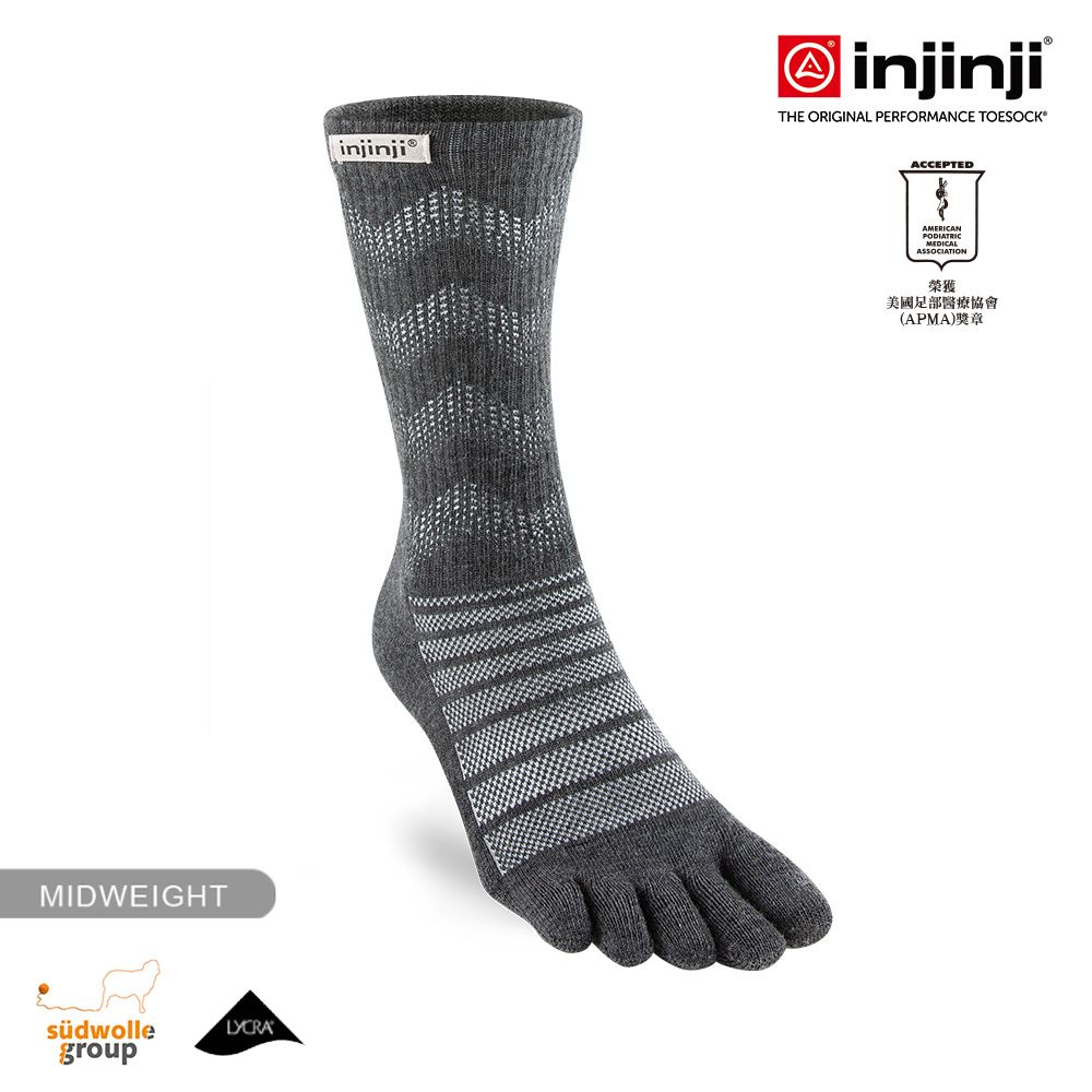 INJINJI Outdoor戶外避震羊毛五趾中筒襪NX (石板灰) -NAA7694 | 五趾襪 登山推薦 防臭抗菌