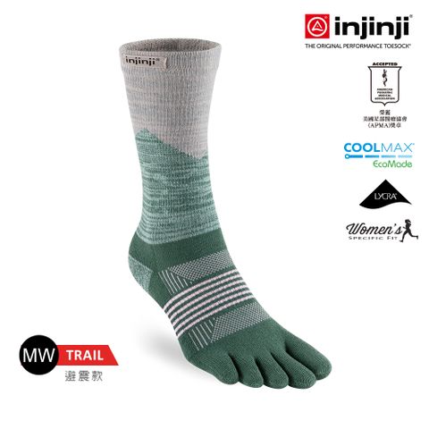 INJINJI 女 Trail野跑避震吸排五趾中筒襪 (高嶺綠) - WAA39 | 厚底防震 防腳底水泡