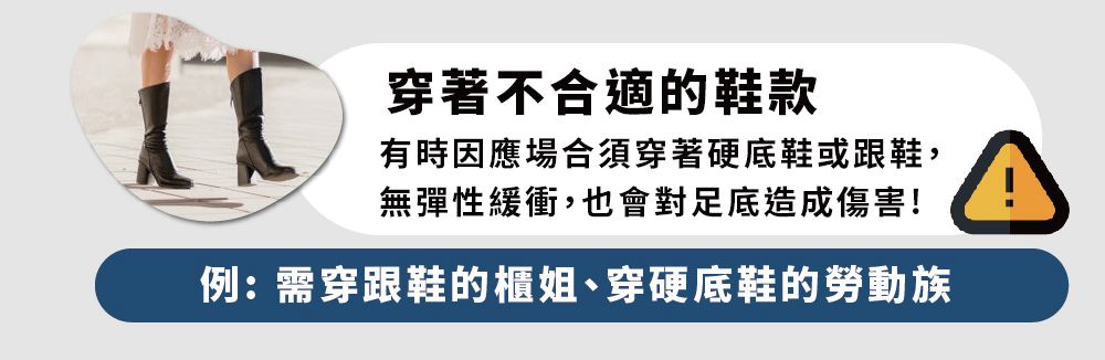 穿著不合適的鞋款有時因應場合須穿著硬底鞋或跟鞋,無彈性緩衝,也會對足底造成傷害!例:需穿跟鞋的櫃姐、穿硬底鞋的勞動族