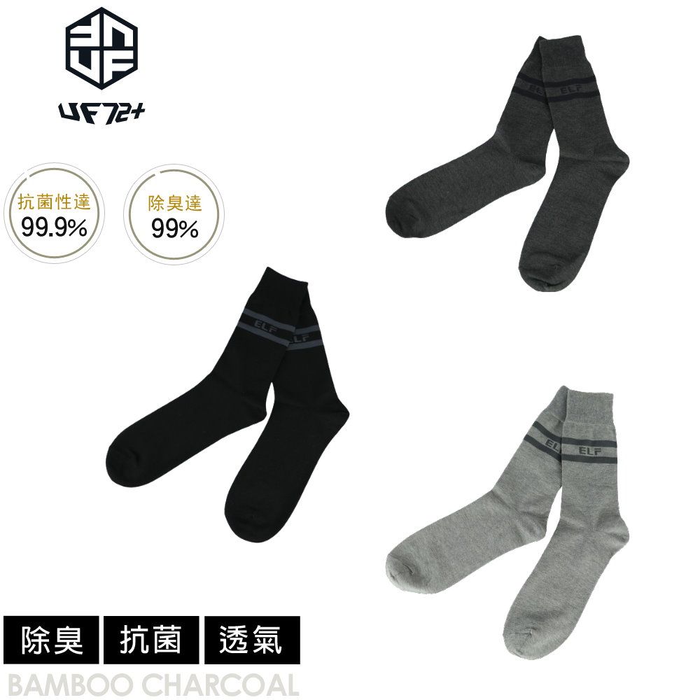 UF72 []三入組/UF5022/(24-26)elf除臭竹炭橫紋LOGO中統休閒襪