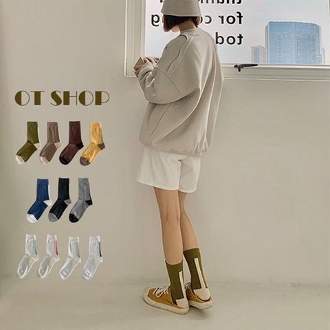 OT SHOP 男女款襪子 拼接撞色 堆堆襪 森林色系 棉質運動襪 中筒襪 情侶款 韓系穿搭 M1196