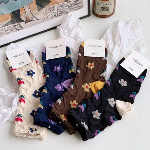 韓國襪 男女襪 中筒襪 雙花拚色中筒襪 小花襪 socks