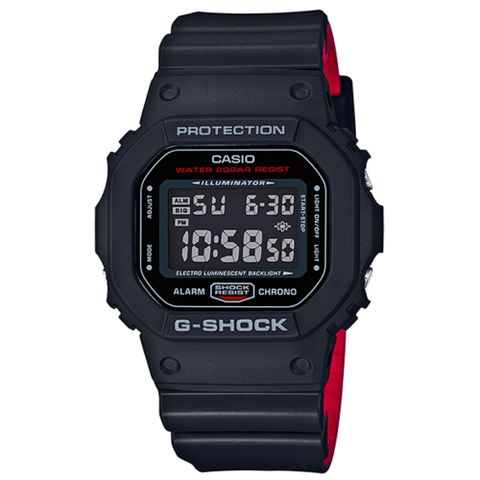 CASIO 卡西歐 G-SHOCK 絕對強悍黑與紅雙色系列搶眼視覺雙顯錶(DW-5600HR-1)