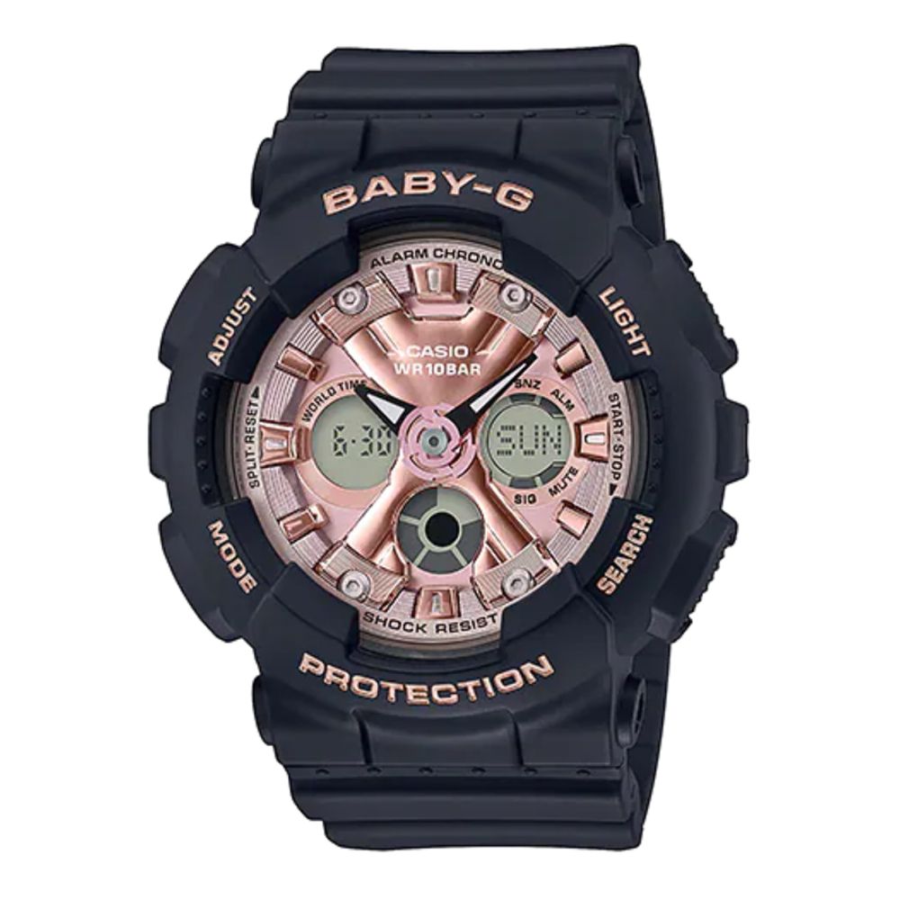 CASIO 卡西歐 BABY-G 混搭金屬三眼搖滾甜美運動女錶-黑X光澤粉(BA-130-1A4)