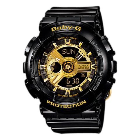 BABY-G 街頭層次多變率性風格雙顯休閒錶-黑金版(BA-110-1A)