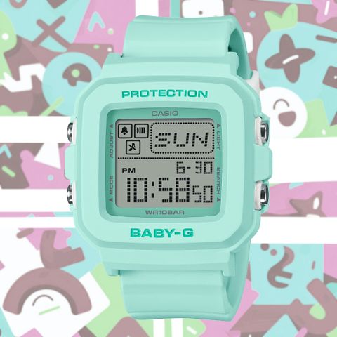 CASIO 卡西歐 BABY-G 趣味單色調 活力生活方形數位錶-薄荷綠 BGD-10-3