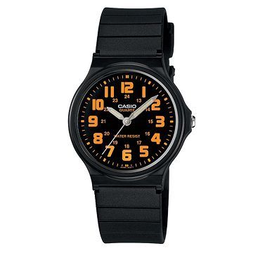 CASIO 新超輕巧經典圓形數字指針錶-黑面橘字 (MQ-71-4B)