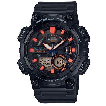 【CASIO 】十年電力指針數位雙顯錶款-黑x橘 (AEQ-110W-1A2)