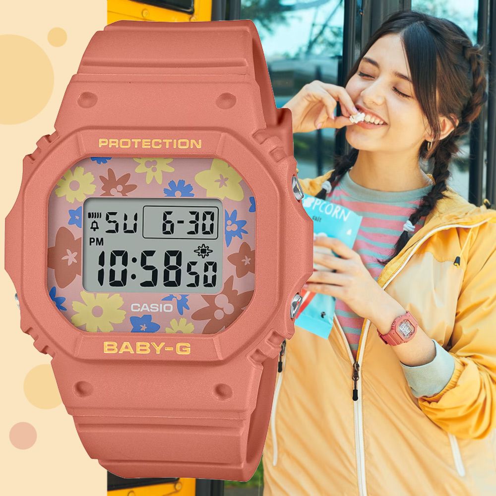 CASIO 卡西歐   BABY-G 復古懷舊時尚 迷人花卉方形電子錶-粉橘(BGD-565RP-4 防水100米)