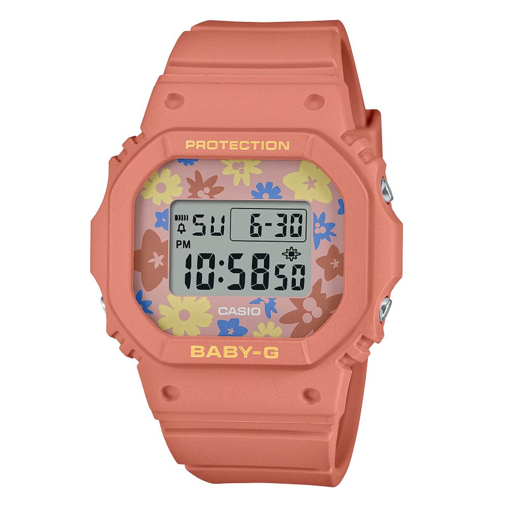 CASIO 卡西歐   BABY-G 復古懷舊時尚 迷人花卉方形電子錶-粉橘(BGD-565RP-4 防水100米)