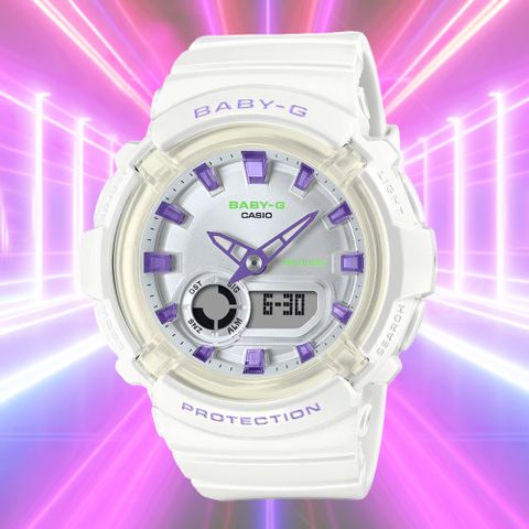 CASIO 卡西歐 BABY-G 舞池霓虹燈 運動風格雙顯錶-白 BGA-280DN-7A