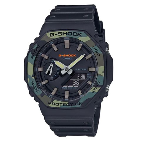 【CASIO】G-SHOCK 亮眼配色八角雙顯錶-黑X綠迷彩 (GA-2100SU-1A)