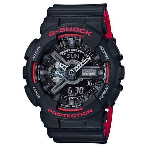 G-SHOCK 絕對強悍黑與紅雙色系列搶眼視覺雙顯錶 GA-110HR-1A
