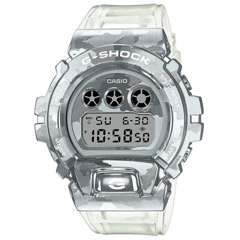 CASIO 卡西歐 G-SHOCK 雪地軍事風迷彩金屬錶圈休閒錶-白X銀(GM-6900SCM-1)