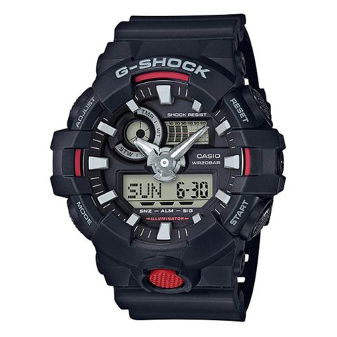 【CASIO】G-SHOCK 絕對強悍黑與紅雙色系列搶眼視覺雙顯錶 GA-700-1A