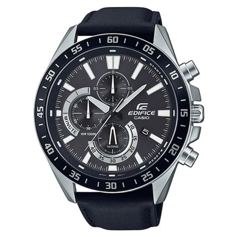 【CASIO】EDIFICE 簡約經典三眼三針大錶盤紳士皮帶腕錶-黑(EFV-620L-1A)