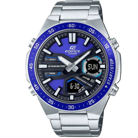 【CASIO】EDIFICE 時尚多層次賽車概念設計雙顯不鏽鋼錶-藍面X藍圈框(EFV-C110D-2A)