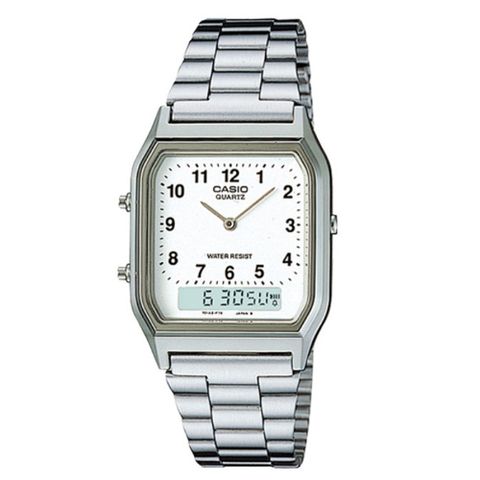 【CASIO】金色時尚熟男指針錶-數字白面X銀色錶帶 (AQ-230A-7B)