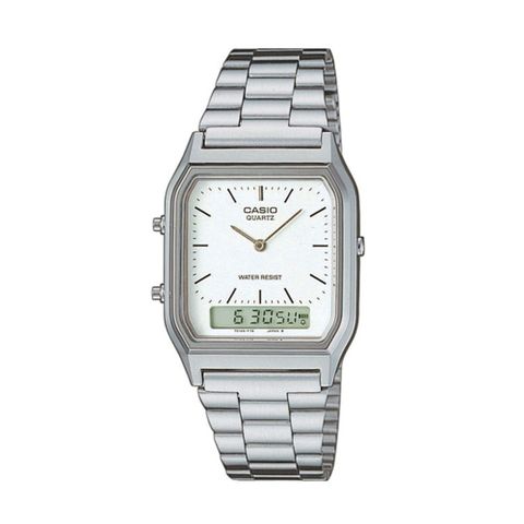 CASIO 卡西歐 金色時尚熟男指針錶-刻度白面X銀色錶帶 (AQ-230A-7)