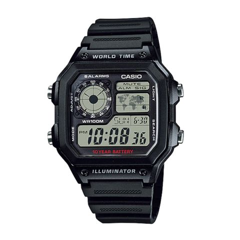 【CASIO】全方位世界地理數位錶-黑 ( AE-1200WH-1A)