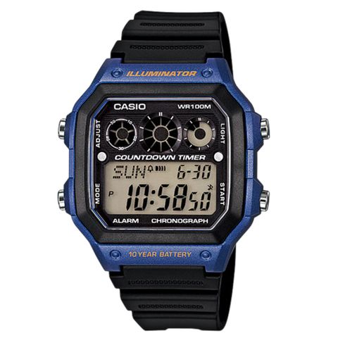 【CASIO】10年電力數位腕錶-藍框 (AE-1300WH-2A)