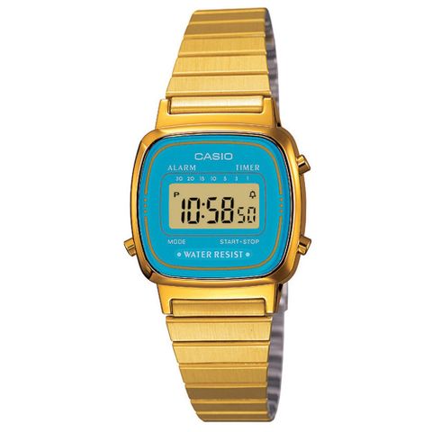 CASIO 復古風金色電子錶-水藍框 (LA-670WGA-2)