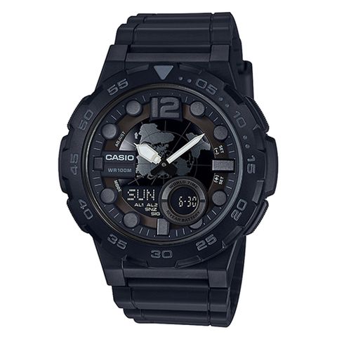【CASIO】世界時間雙顯錶-黑x銀刻度(AEQ-100W-1B)