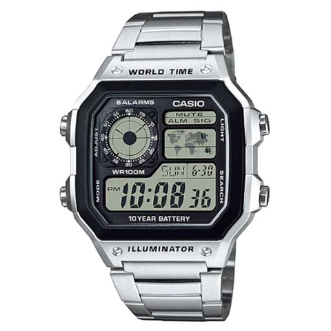 【CASIO】全方位世界地理數位錶-銀 (AE-1200WHD-1A)