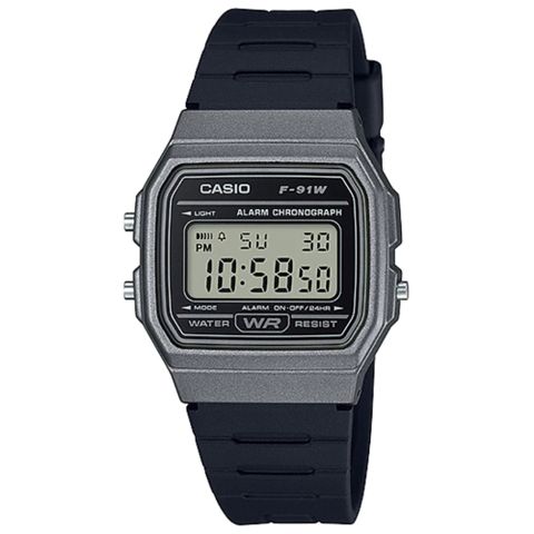 CASIO 卡西歐 經典方形復古運動電子錶-灰(F-91WM-1B)