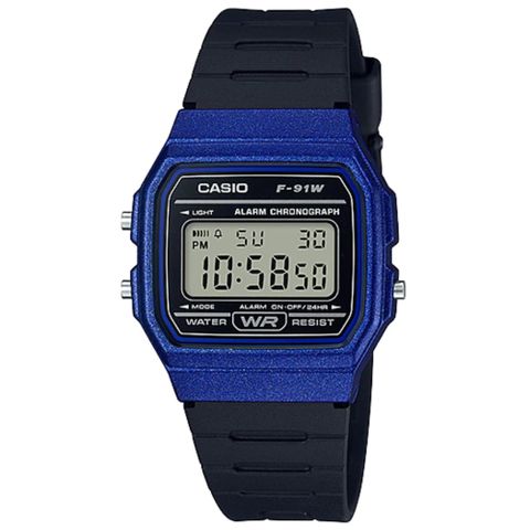 CASIO 卡西歐 經典方形復古運動電子錶-藍(F-91WM-2A)