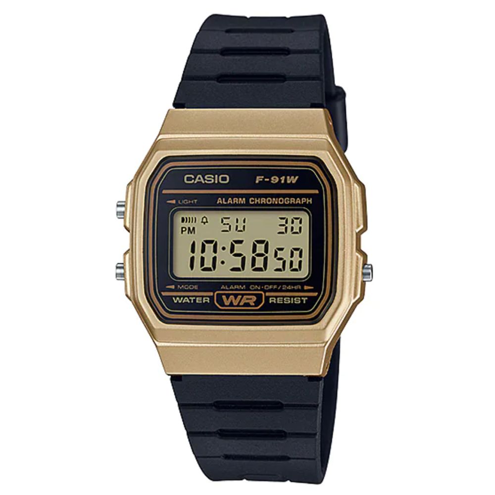 CASIO 卡西歐 經典方形復古運動電子錶-金框 (F-91WM-9A)