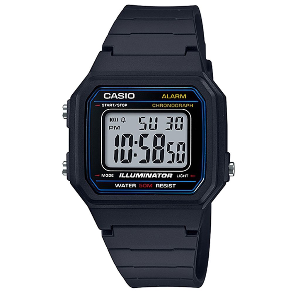 CASIO 卡西歐  電力『十』足 個性方形休閒電子錶-黑X白面藍框 (W-217H-1A)