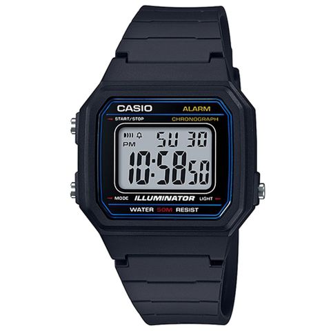 CASIO 卡西歐 電力『十』足 個性方形休閒電子錶-黑X白面藍框 (W-217H-1A)