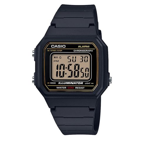 CASIO 卡西歐 電力『十』足 個性方形休閒電子錶-黑X黃面金框 (W-217H-9A)