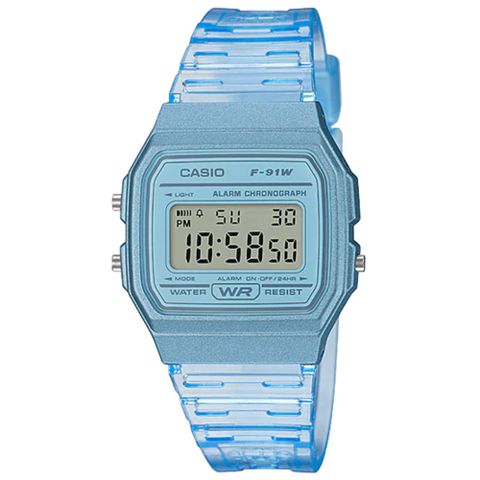 CASIO 卡西歐 春夏閃耀透明設計風格電子錶-藍(F-91WS-2)