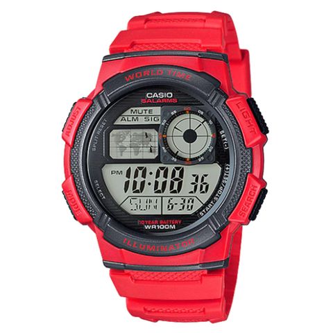 【CASIO】10年電力運動數位潮流腕錶-紅 (AE-1000W-4A)