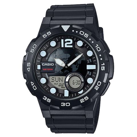 【CASIO】世界地圖潮流運動雙顯電子錶-黑 (AEQ-100W-1A)