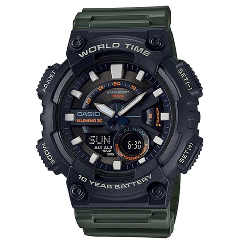 【CASIO 】十年電力指針數位雙顯錶款-黑x綠 (AEQ-110W-3A)